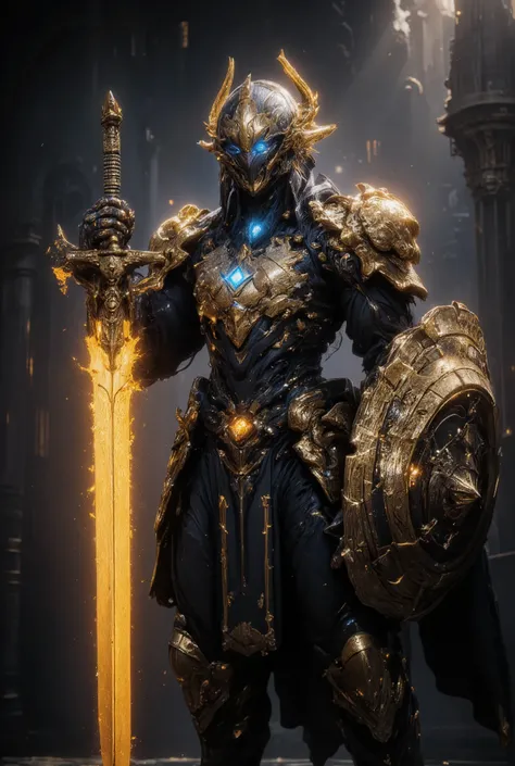 An awe-inspiring paladin wearing golden armor, wielding a sword imbued with radiant light, and holding a golden giant shield. The paladin’s blue eyes shine with determination as they navigate through the dark and mysterious cityscape. The glow of the palad...
