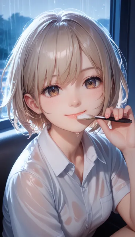 (8k,  top quality,  Masterpiece: 1.2), ( by Nomi,  photorealistic: 1.37),  very detailed,  in the seat,  cute,  alone,  backgrounds, DETAIL CAFE ,   night ,  sitting indoors in POV, date, (  nose brush), (smile: 1.15), ( close your mouth)  small breasts,  ...