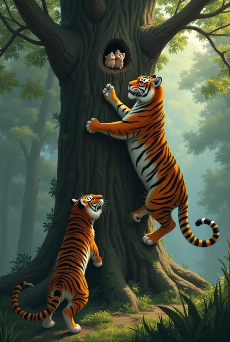 Kittens on a tree. Tiger climbing trees.  Saves the cat. Wearing a long tiger's tail. The tiger touches the branches of the tree so that the cat comes down