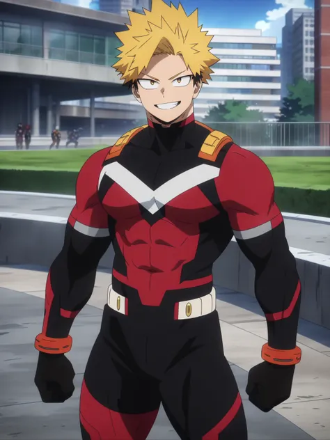 (masterpiece, best quality, anime, anime coloring:1.3, superhigh res). ((Very handsome superhero as MHA character, smile, sexy, muscular, Male)). ((Superhero)), (((Wearing colorfull superhero suit))). Big city park background, colorfull.

My Hero Academia ...