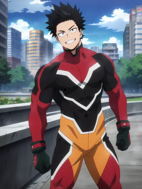 (masterpiece, best quality, anime, anime coloring:1.3, superhigh res). ((Very handsome superhero as MHA character, smile, sexy, muscular, Male)). ((Superhero)), (((Wearing colorfull superhero suit))). Big city park background, colorfull.

My Hero Academia ...