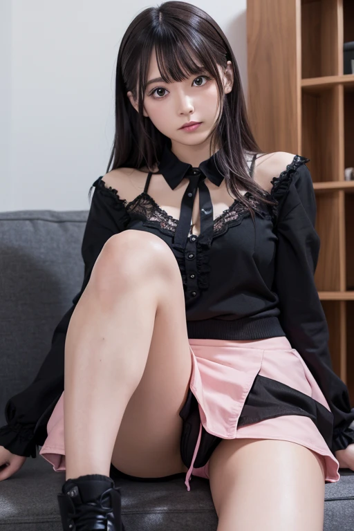 Age 19　woman　 cute　  Black Mini Skirt 　 pink panties　 Sitting Holding Your Knees 　Gothic　