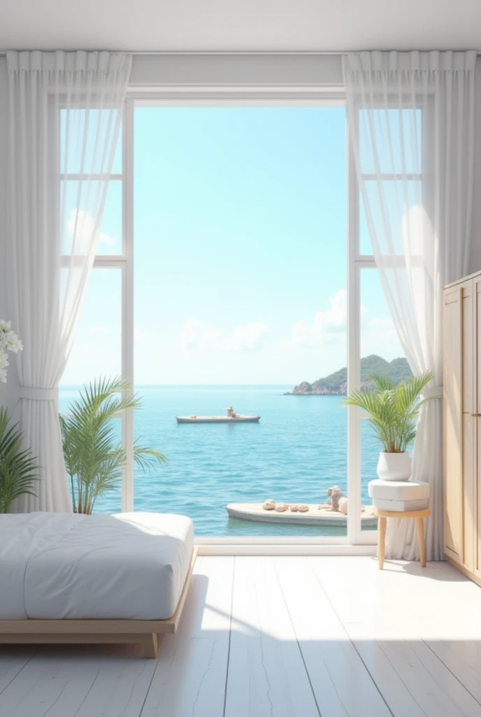 A white room with a bed and wardrobes and a table with flowers overlooking the sea and with plants and rafts