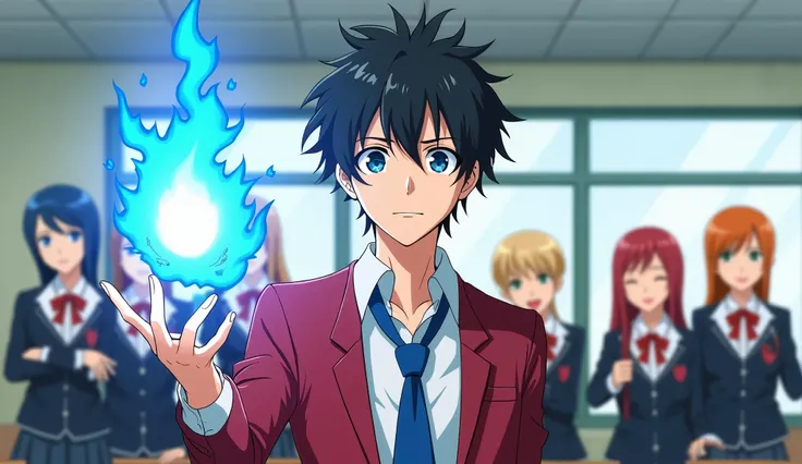 A classroom scene with a boring male student in the foreground wearing a red blazer, white shirt, and loose blue tie. He has messy black hair and a bored/disinterested expression. He's holding a blue flame or energy orb in his hand. Behind him are several ...