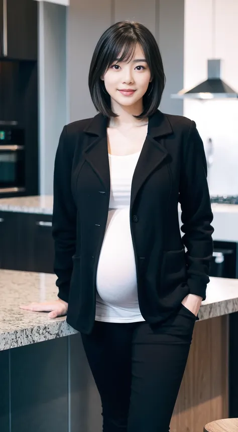 masterpiece, Best Quality, 8K,looking at the viewer,Japanese Lady,20 years old ,huge-breast, huge pregnant, Voluptuous, thin jacket, very tight sweatshirt and black long legging pants, short length hair, kitchen background 