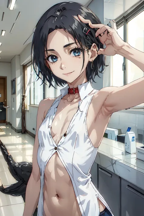  Masterpiece,  best quality ,  High resolution ,  latest,  1girl ,  alone ,  Official Style , Kuchai Sauce , Black Short Hair,  White Hair Clip， Red Eye, mole,  Super Flat Chest 部,  Office Lady , Sleeveless shirt with unbuttoned buttons to reveal chest,  l...