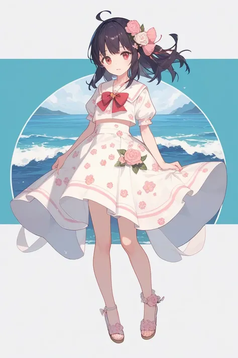 1girl,flower pattern , anime`High School Fleet‘,standing,`Akeno Misaki‘ put hands on body, full body,sea background