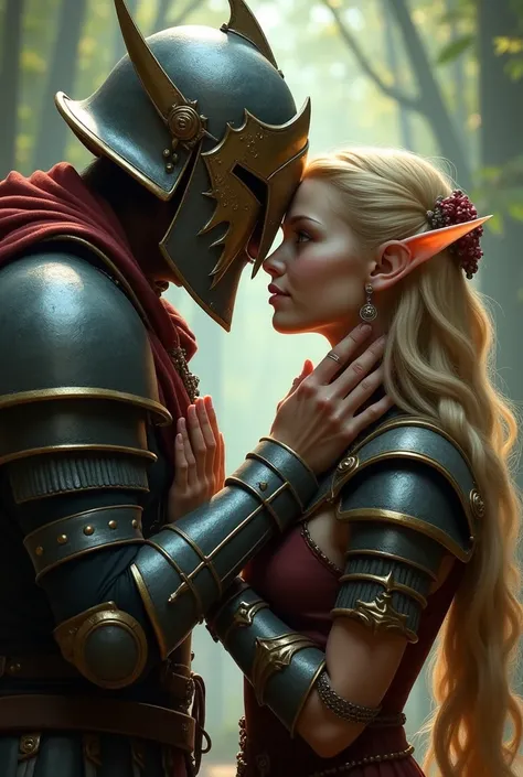 ( world of warcraft style) ( Realistic) The man wears a champion's helmet and you can't see his face and armor, The woman is an elf who is looking at him in a tender way and THE MAN IS KISSING HER HAND



