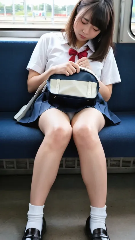 a beautiful young japanese schoolgirl sitting on a train seat, ((legs open:1.2)), ((a subtle hint of pantie visible:0.6)),((knees apart:0.6)), (pantie visible:1.2), wearing a white blouse, red ribbon, sleepy, pleated navy blue skirt, white socks and loafer...