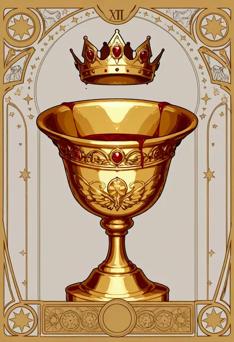  tarot card style , gold,Blood,holy grail,treasure,crown, high image quality, Masterpiece, Line Art, Line Art ,Black and White,2D, black＆ white , simple background,