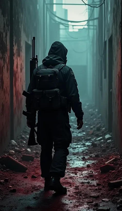 Man in bloody black protective clothing using a black military backpack with a coupled m4a1 walks through ruins and studies radiation hazard facing away, blood on the broken walls. Terror theme, Vinheta preta, Filtro de cor vermelho, night storm ambience