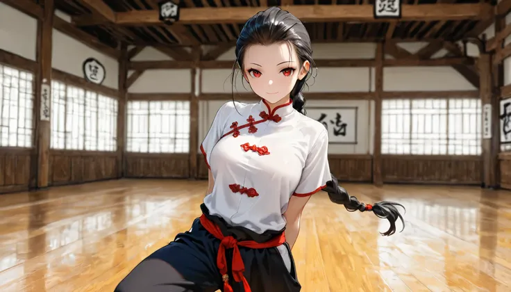 forehead, black hair, very long hair, single braid, hair pulled back,white shirt, black pants, medium breasts, tangzhuang, [[hands behind back]], light smile, masterpiece, best quality, amazing quality, detailed background, intricate details, dojo, solo, [...