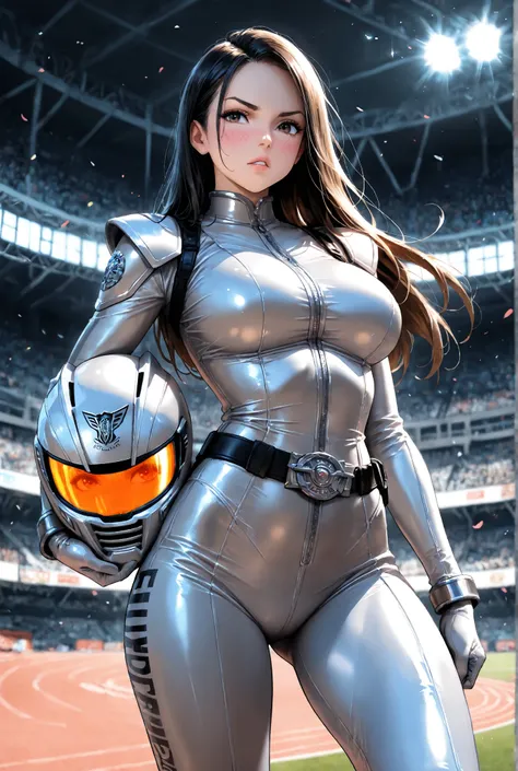 1girl, overdrive silver power ranger girl from Power Rangers Overdrive, Power Rangers Overdrive,female Silver ranger, stadium, holding her Overdrive ranger's helmet, medium large breasts, parted lips, very long black hair, Serious, She's the Silver color O...