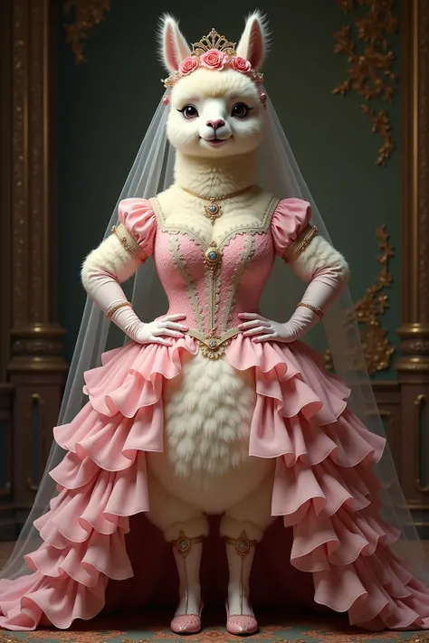 photorealistic portrait of Dressed animals - a ((fat)) [chibi](baby alpaca) bride,(art by Giuseppe Arcimboldo),(happy smile:1.5),(furry), high quality,(lovely) ,intricate details, highly detailed (gothic pink wedding dress)),wearing opera globes and high h...