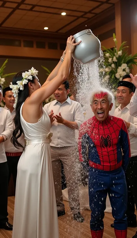 Dramatic wedding scene in a traditional Javanese setting. A young bride in a graceful white kebaya and jasmine flower crown is pouring a bucket of water on the head of an old man. the old man wearing the superhero costume Spider-Man shouted with a shocked ...