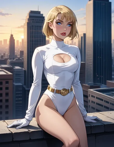 score_9, score_8_up, score_7_up, source_cartoon, (midnight, evening, dark:1.3), 1girl, solo, beautiful waifu, sexy (Galatea, DC Comics, blonde hair, light blue eyes, short hair:1.3), wearing (cleavage cutout:1.3), (white leotard, long sleeves, gold belt:1....