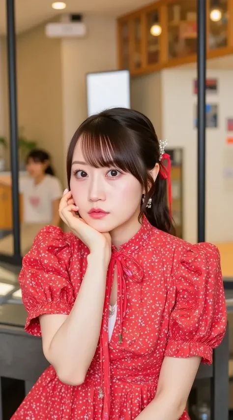  woman wearing 1950s fashion 、Red dress with white dots 、 wearing retro hairstyle and accessories。In the background is a cafe、 antique atmosphere。

