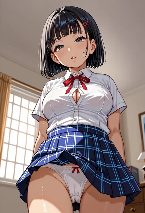 (((1girl:1.5))), Masterpiece, Best quality, amazing beauty, 4K, absurdres, finely detail, (super detailed eye), perfect anatomy, official art, cinematic lighting, BREAK, ((((Bright bedroom)))), silky bob cut, blunt bangs, (black hair:1.5), (((super shiny d...