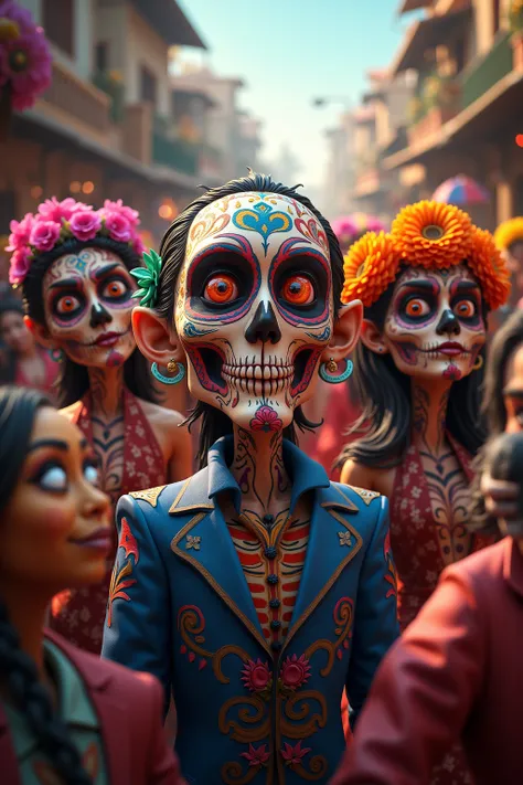 day of the dead, in the style of Unreal Engine 5, caricature-like illustrations, exaggerated facial expression, close up --ar 1:2 --personalize yruxpc2 --stylize 750 --v 6.1