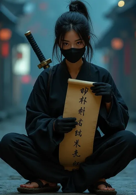 (( perfectly beautiful 20 year old Japanese female ninja holding a scroll in one hand)),  (((Wearing straw sandals ))), (((Staring with legs open))), ( Masterpiece: 1.3), (8k,  by Nomi,  RAW Photo ,  top quality: 1.4), sharp eyes, ((( looking at the camera...