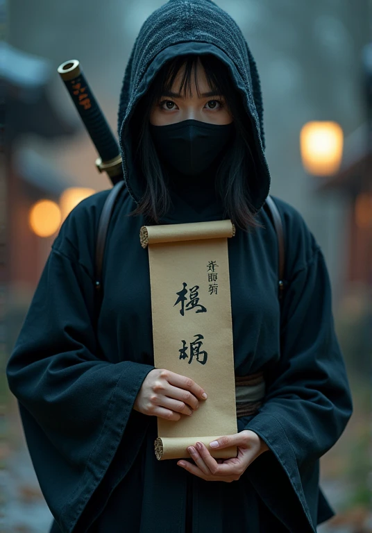 (( perfectly beautiful 20 year old Japanese female ninja holding a scroll in one hand)),  (((Wearing straw sandals ))), (((Staring with legs open))), ( Masterpiece: 1.3), (8k,  by Nomi,  RAW Photo ,  top quality: 1.4), sharp eyes, ((( looking at the camera...