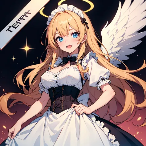 A minimalistic illustration of a chibi-style cute anime angel girl holding a placard with the word 'THANKS' written in bold red text. She has long, wavy blonde hair, large sparkling blue eyes, and is dressed in a maid-inspired outfit with a corset, lace de...