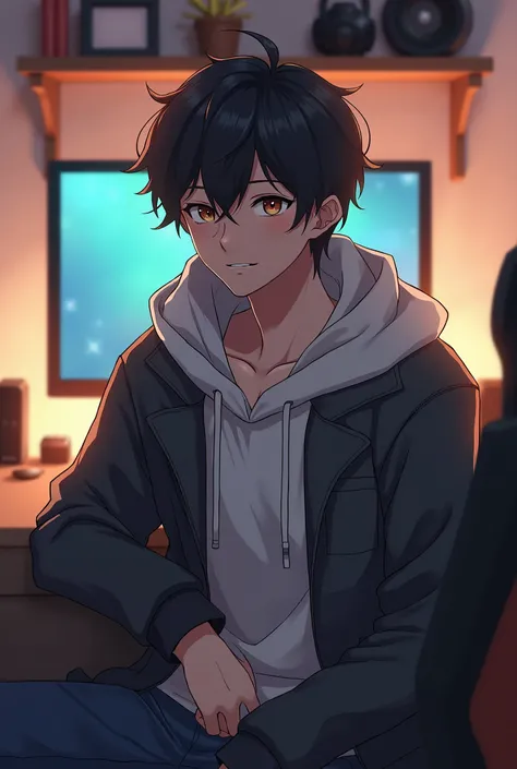 A male anime video game man in a sweatshirt and wide hoodie looking in front of the camera sitting behind him is a gaming desk in his room 