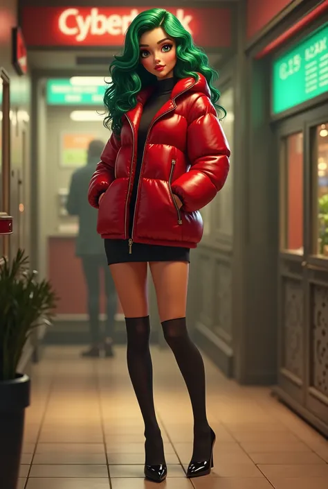  high quality,  Disney-Pixar style , 1 beautiful and sexy woman,  full body,  standing,   are posing 。 full of confidence I face the camera with an expression  .  fitted red shiny down jacket、 black high heels、wavy green hair 、 mini skirt, Cyberbank in the...