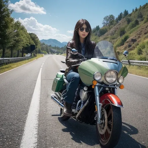 Highly detailed realistic depiction of a woman riding a classic motorcycle, wearing a red leather jacket, white jeans and black engineer boots, speeding down a straight road, diagonal front perspective, dynamic composition, in the background Artworks with ...