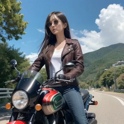 Highly detailed realistic depiction of a woman riding a classic motorcycle, wearing a red leather jacket, white jeans and black engineer boots, speeding down a straight road, diagonal front perspective, dynamic composition, in the background Artworks with ...