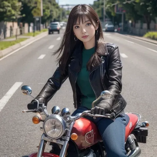 Highly detailed realistic depiction of a woman riding a classic motorcycle, wearing a red leather jacket, white jeans and black engineer boots, speeding down a straight road, diagonal front perspective, dynamic composition, in the background Artworks with ...