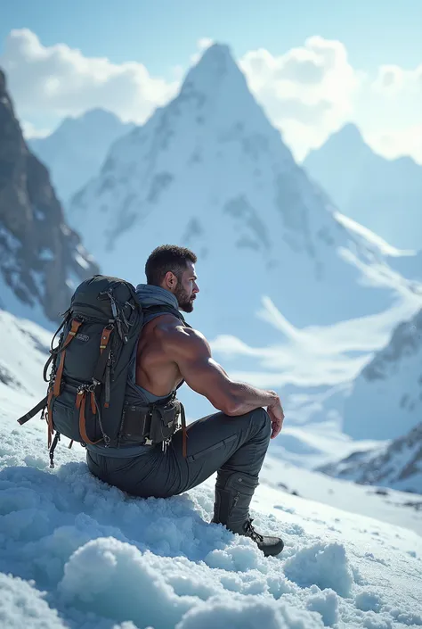 Muscular man sitting on glacier looking at mountains