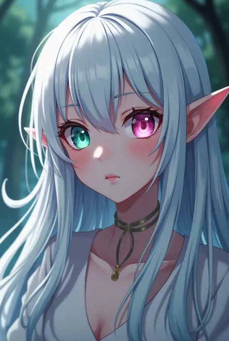 White-haired elf  (pink right eye), (left eye green)  anime style 