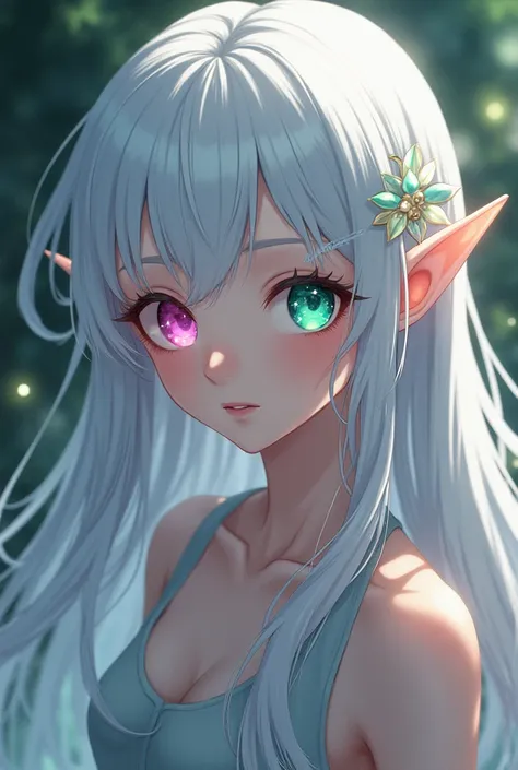 White-haired elf  (pink right eye), (left eye green)  anime style 