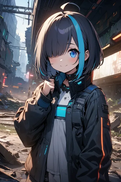 （masterpiece：1.2），Super detailed，solo girl, Hiding one eye, bob cut hairstyle, navy hair, ((highlights hair, Blue streaked hair)), ahoge, tareme, blue eyes,flat chest, cyberpunk fashion, ruins, station, smile