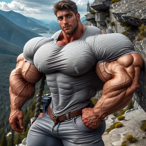 a very handsome man, big eyes, muscular, somewhat robust biceps, defined chest, defined muscles, wearing a gray shirt detailed with climbing tools, rope on shoulder, standing sideways on top of a mountain with your hands in your pockets, seen from very clo...