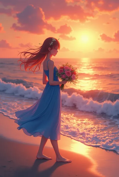 there is a woman walking on the beach with a bouquet of flowers, inspired by Alice Prin, standing beside the ocean, anime girl walking on water, with sunset, loli in blue dress, with a sunset, beautiful girl on the horizon, at a beautiful sunset, in the ar...