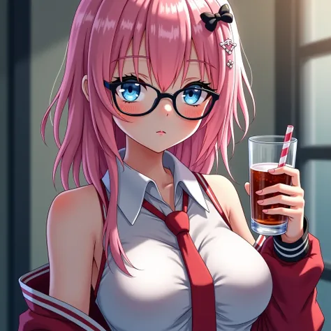 Beautiful and sexy girl dressed as a slutty high school girl,Wearing glasses、pink hair and blue eyes、 I love mayonnaise 、I love alcohol、 Dracula's girl 、