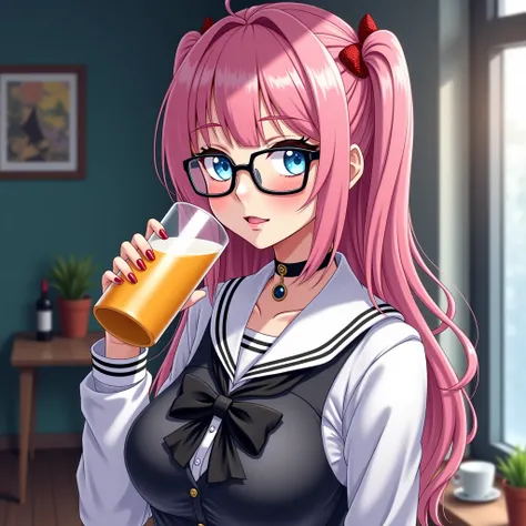 Beautiful and sexy girl dressed as a slutty high school girl,Wearing glasses、pink hair and blue eyes、 I love mayonnaise 、I love alcohol、 Dracula's girl 、