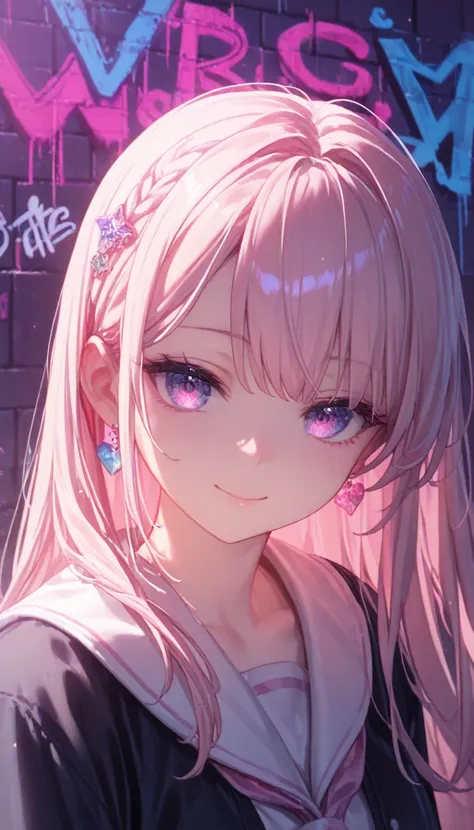  detailed biography,  Masterpiece,  top quality, smile,  Ornament , Food,  portrait , Neon Pink,  graffiti ,  dark,   night , bright eyes,  purple light ,  perfect eyes 