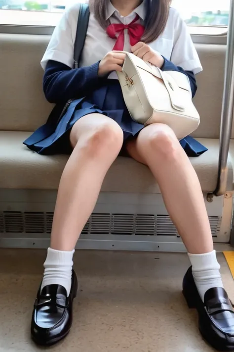 a beautiful young japanese schoolgirl sitting on a train seat, ((legs open:1.2)), ((a subtle hint of pantie visible:0.6)),((knees apart:0.6)), (pantie visible:1.2), wearing a white blouse, red ribbon, sleepy, pleated navy blue skirt, white socks and loafer...