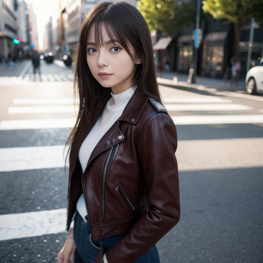 woman, riding classic motorcycle, red leather jacket, white jeans, black engineer boots, straight road, shot from diagonal front, ((masterpiece)), ((best quality)), (ultra-detailed), ((beautiful eyes)), Japanese female, (slender:1.3), ((30 years old)), bea...