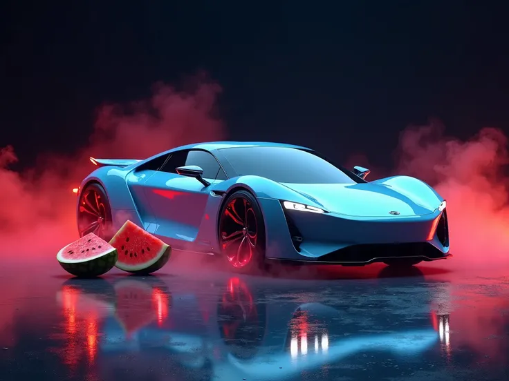 Next generation sports vehicle color sky blue, black background. Violet smoke and orange fire. And very giant chopped watermelon fruit on the floor. And very giant full watermelons on the floor .  Red juice dripped on the floor. 