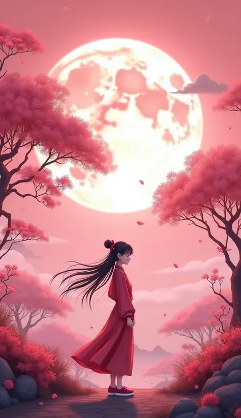 make an anime image, of a lonely Chinese girl dressed in Chinese clothes, a lonely girl in a landscape with flowers and trees in pink color, with strong winds with the leaves of the trees falling, with the wind, make a very large moon