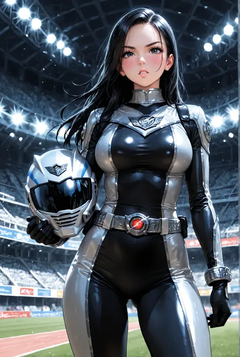 1girl, overdrive silver power ranger girl from Power Rangers Overdrive, Power Rangers Overdrive,female Silver ranger, stadium, holding her Overdrive ranger's helmet, medium large breasts, parted lips, very long black hair, Serious, She's the Silver color O...