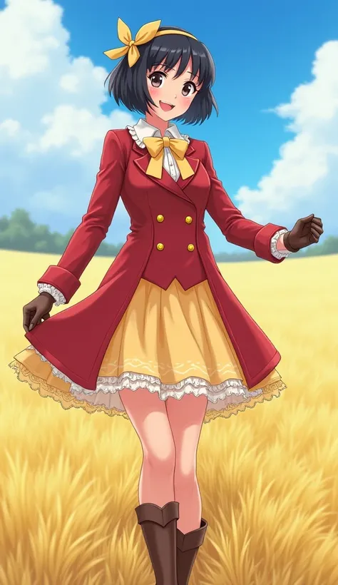  Please draw a picture in anime style with what is written below
The clothes are ladylike, mature red double breasted jacket, white blouse with frills, yellow bows, and a petticoat is attached to the inside of the skirt 、I wear leather gloves for women
The...