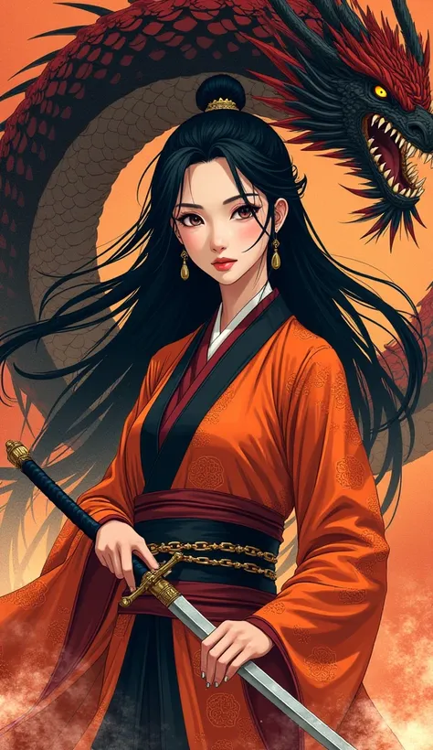  anime - Asian-influenced fantasy theme .  a vertical arrangement ,  shows female warriors with long black hair and white skin ,  wears an elaborate orange and black kimono adorned with intricate patterns.. , she holds a sword in her right hand ,  radiatin...