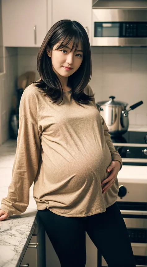 masterpiece, Best Quality, 8K,looking at the viewer,Japanese Lady,20 years old ,huge-breast, huge pregnant, Voluptuous, linen jacket, very tight sweatshirt and black long legging pants, short length hair, kitchen background 