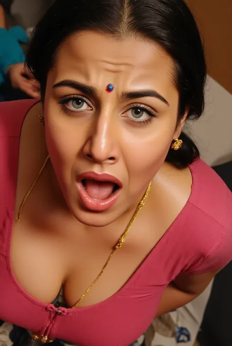 Woman,top down view,blue lusty eyes looking straight into camera, wide open mouth,nose rings,sexy woman, sweat body, deep cleavage, open her lips wide open,pink colour blouse, white saree,flower in head, extreme orgasm, sweat body,sweat droplets seen in he...