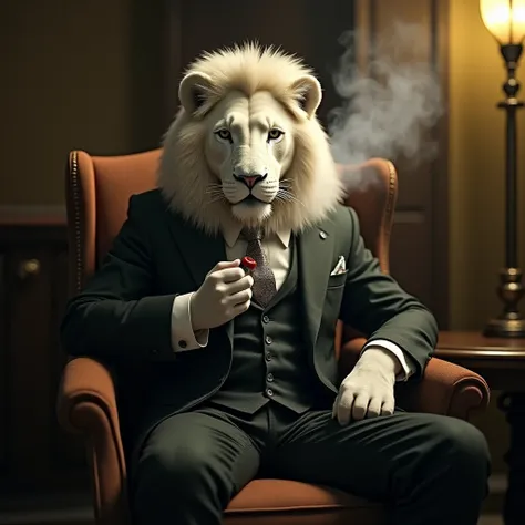 A white lion wears a suit, smokes an electronic cigarette and sits on a chair at night in the presence of a quiet yellow light 